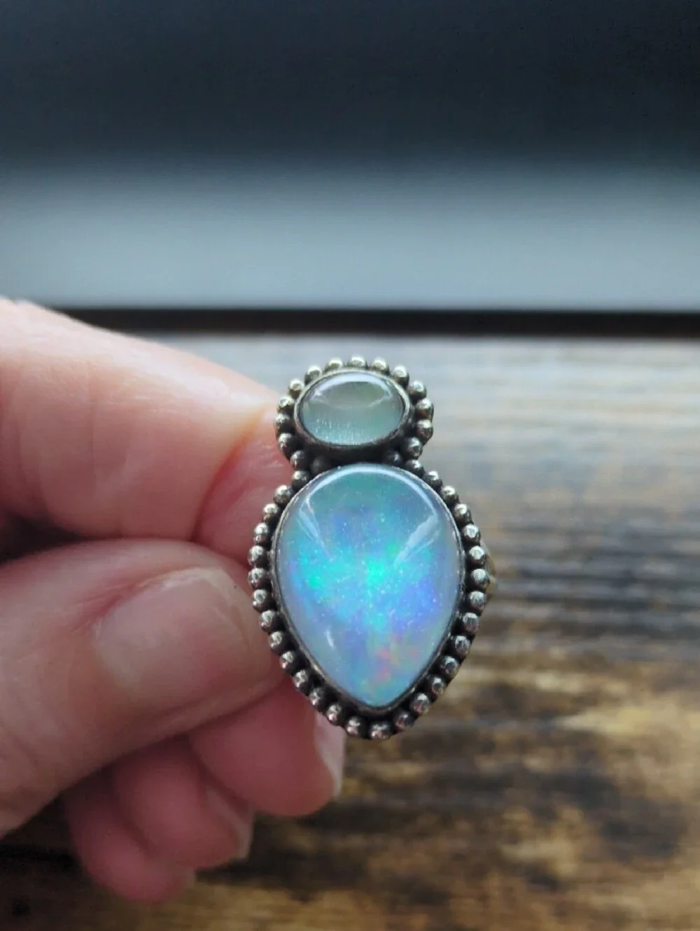 Opal Teardrop Double Stone Sterling-Style Ring in Iridescent Blue-Green